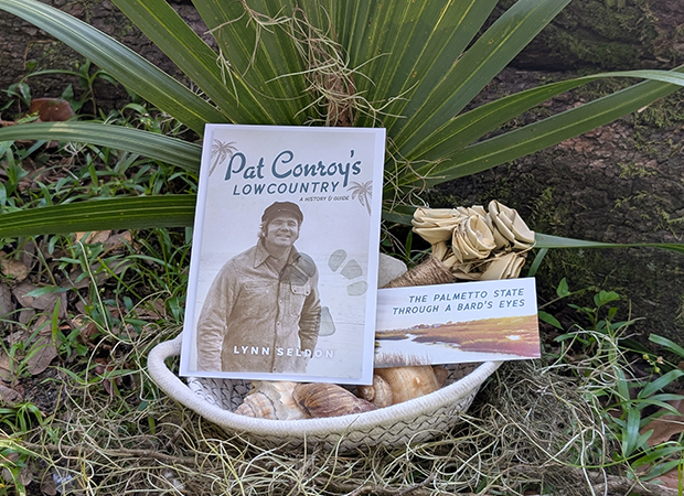 Basket with postcard and bookmark promoting Pat Conroy's Lowcountry at Frampton Plantation in Yemassee, South Carolina